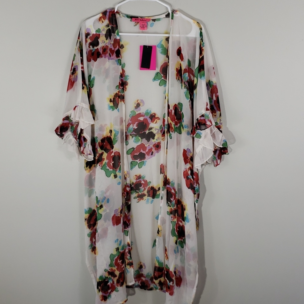 NWT Betsey Johnson OSFM White Floral Sheer Kimono - Picture 2 of 9